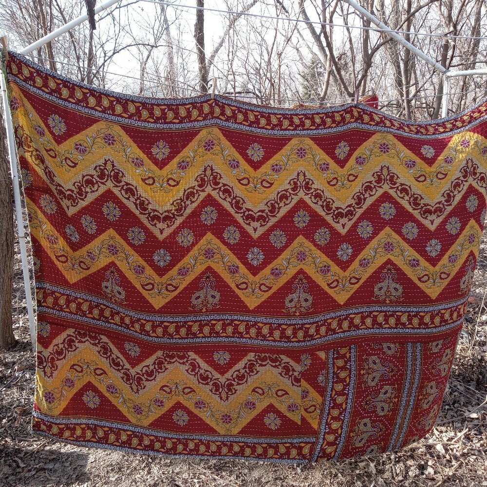 Kantha Quilt Red Marigold Green Black Gray 55"x 86" 3 Layer Premium Cotton K111.